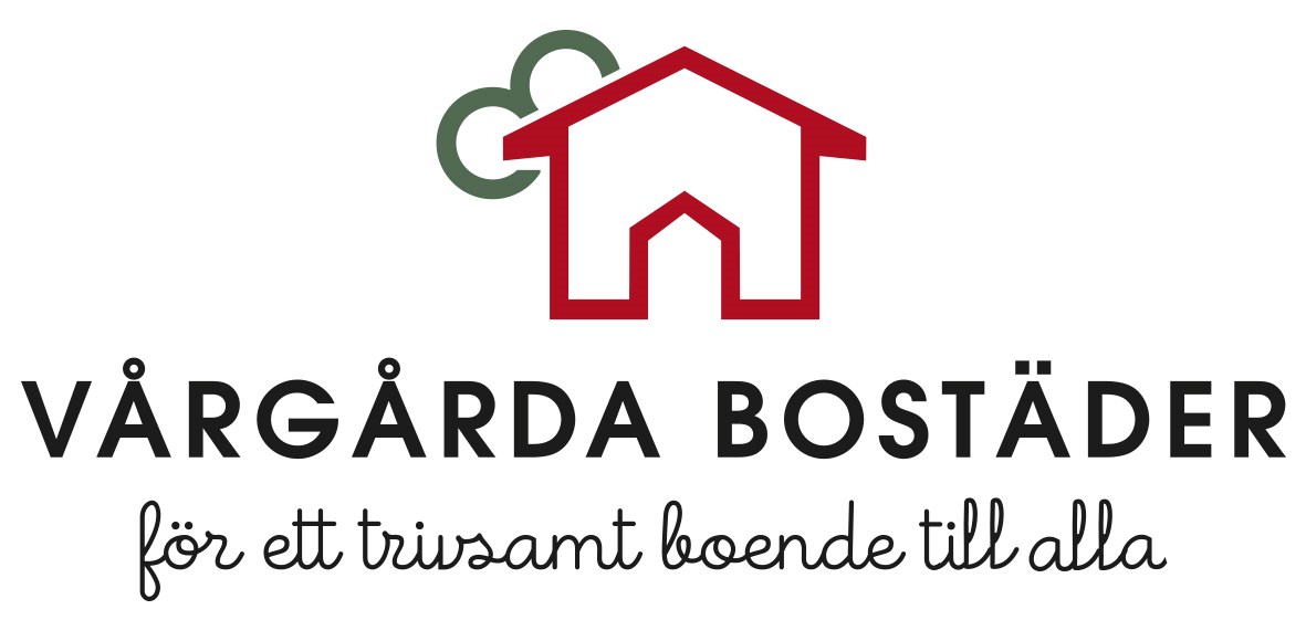 Logga för Vårgårda Bostäder, röd och grön med hus och text